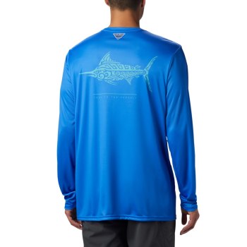 Columbia PFG Terminal Tackle Tribal Fish Long Sleeve, Sudaderas Azules Para Hombre | 835901-LUF